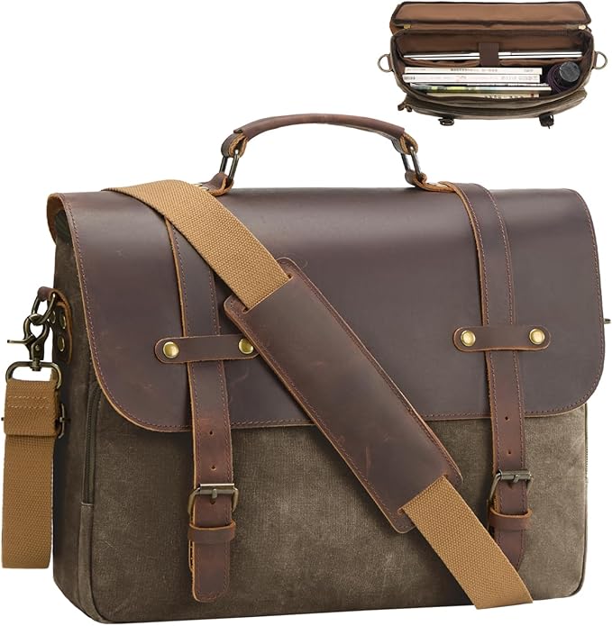 Mens Messenger Bag Waxed Canvas Laptop Briefcase 15.6“ Vintage Genuine Leather Crossbody Bags Waterproof Satchel Shoulder Bag