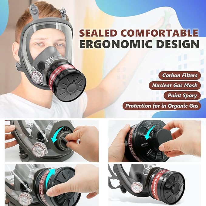 Reusable Full Face Gas Respirator, Anti-fog Gas Cover Organic Vapor Respirator Mask with 40 mm Activated Carbon Filter Canister and 2097 Filter, for Painting, Welding, Chemical
