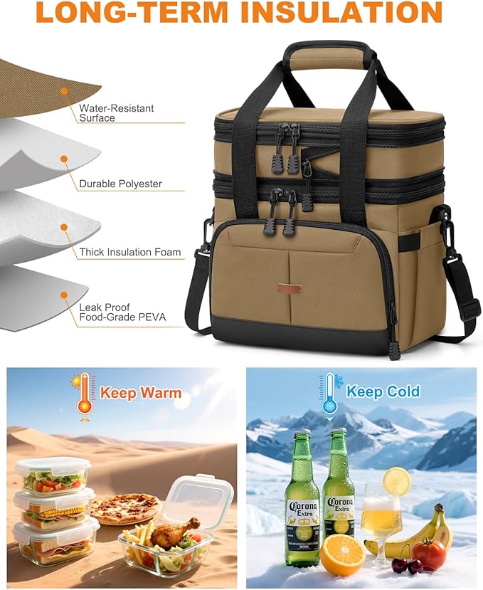 Lunch Box for Men Women Double Deck Insulated Lunch Bag for Men Woman Leakproof Expandable Cooler Bag with Adjustable Shoulder Strap for Work Picnic School(Khaki,16L)