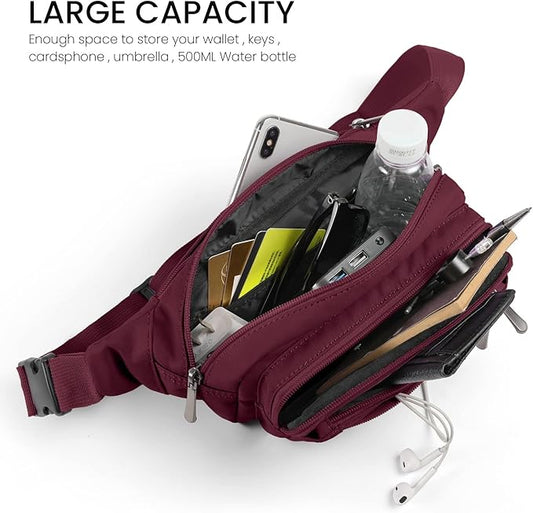 CXWMZY Fanny Packs For Women & Men Waist Pack Hip Bum Bag with Multi-Pockets Large Capacity Waterproof Casual Bum Bag for Disney Traveling Casual Cycling Running Hiking (Wine Red)
