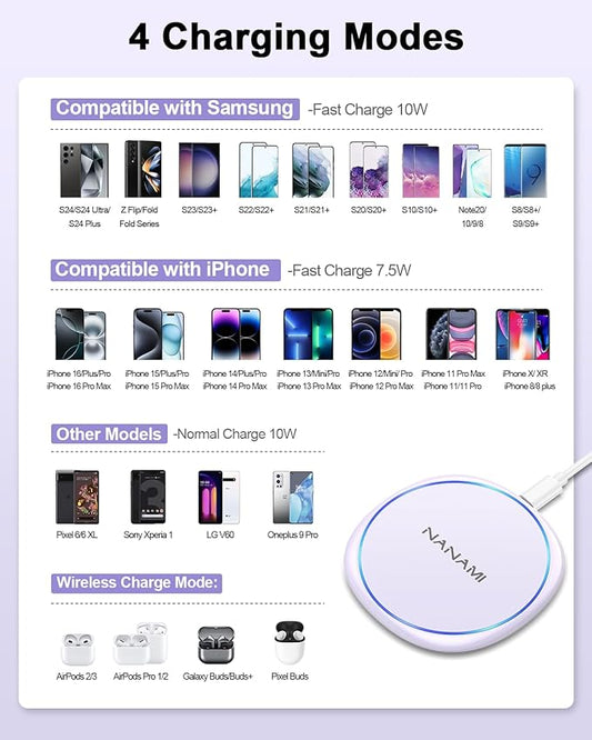 Wireless Charging Pad - NANAMI Wireless Charging Pad Compatible with iPhone 17/17 Air/17 Pro/17 Pro Max/16/15/14/13,Qi Charger for Samsung Galaxy S25/S24/S23/S22/S21, Desk Phone Charger for AirPods 2