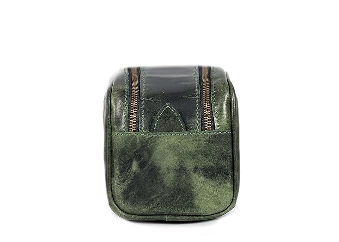 10" Premium Leather Toiletry Travel Pouch With Waterproof Lining | King-Size Handcrafted Vintage Dopp kit By Aaron Leather Goods (Seaweed Green)
