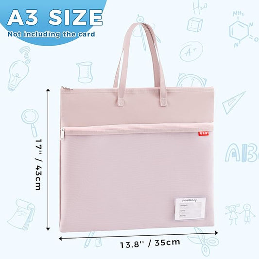 Pendancy Mesh Zipper Pouch A3 Size, Large Double Pocket Waterproof File Bag with Handle, 13x17 in Foldable Document Storage for Puzzle Project/Cross Stitch/Travel/Office(Advanced Pink)