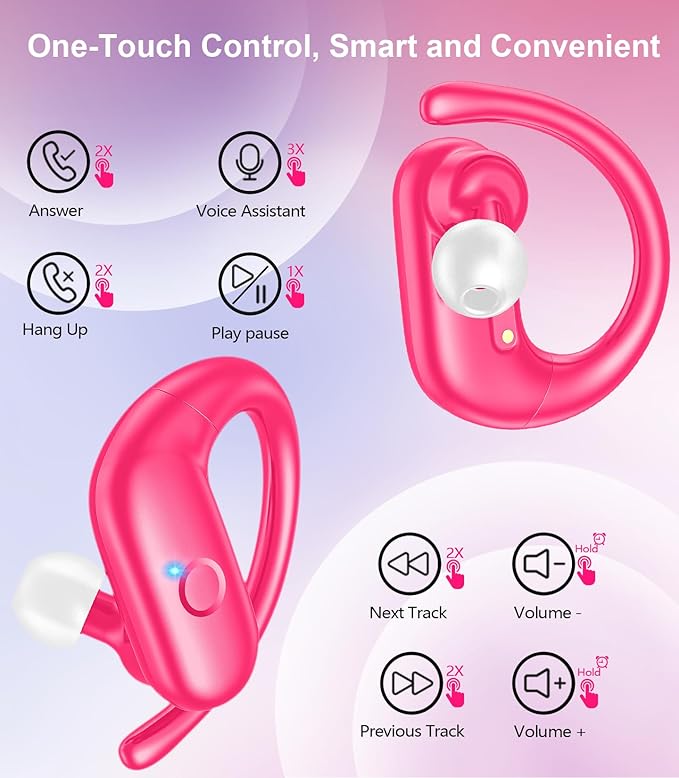 MOZOTER Wireless Earbuds Bluetooth 5.3 Headphones Sport,Over Ear Buds with Deep Bass Sound,60Hrs Playtime Earphones Redesigned Comfort Fit with Earhooks for Running,Meeting,Workout-Pink