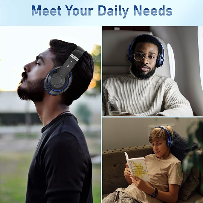 Bluetooth Headphones Over Ear, 6S Foldable Wireless Headphones with 6 EQ Modes, 40 Hours Playtime HiFi Stereo Headset with Mic, Soft Ear Pads, TF/FM for Cellphone/PC/Home (Black & Blue)