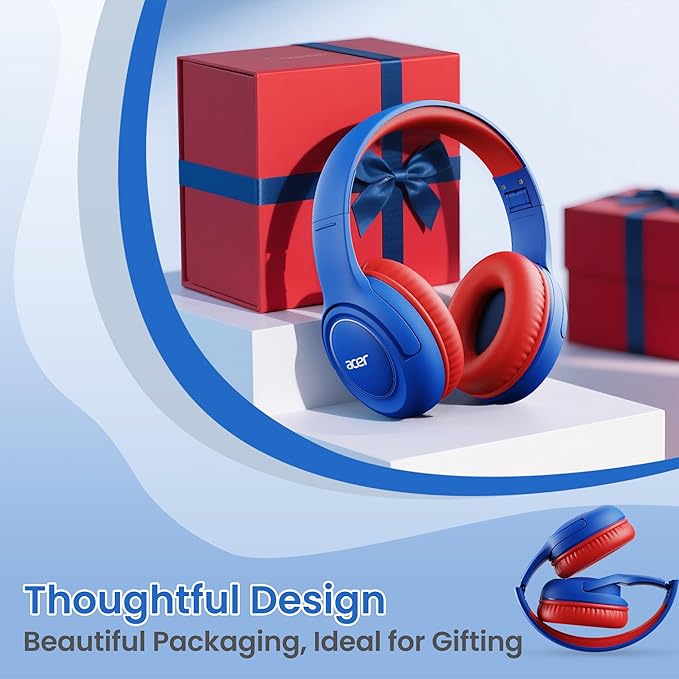 acer Kids Headphones Wired for School - Over-Ear 85/94dB Volume Limiter, 3.5mm Jack Foldable Stereo Sound Headset for Toddlers Girls Boys Travel Learning Entertainment Tablet Kindle iPad PC,Blue Red