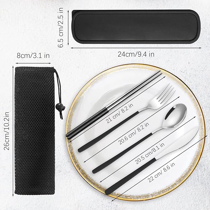Reusable Utensils with Case, Travel Silverware Set with Case, 18/8 Stainless Steel Flatware Set Include Knife Forks Spoons Chopsticks Portable Cutlery Set for Lunch Box Office Picnic Daily Eating
