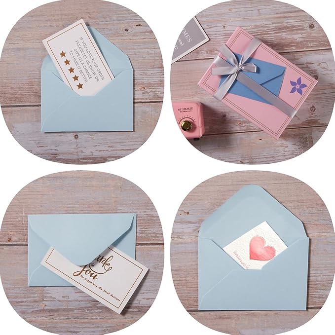 100 Pack Mini Envelopes with Note Cards in 5 Colors for Wedding, Birthday, Baby Showers, 4 x 2.7 Inches (Blue)