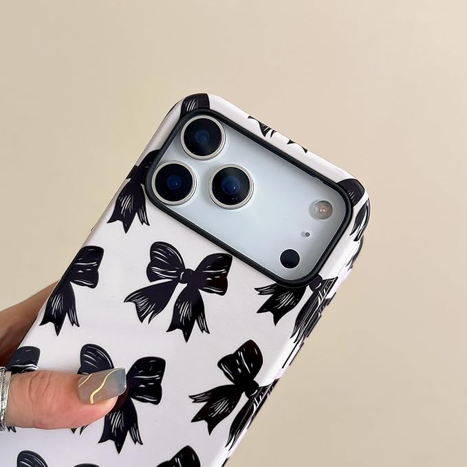 QLTYPRI Case for iPhone 17 Pro, Aesthetic Black Ribbon Bow Phone Case for Girls Women, Protective Hybrid 2-Layer Hard Shell Silicone Cover Durable Shockproof Phone Cover - Beige