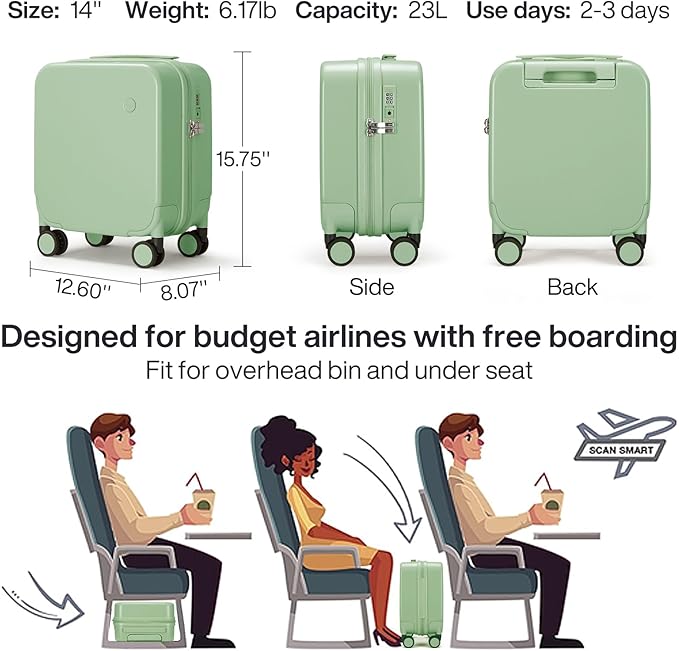 mixi 14 Inch Underseat Luggage Carry on Suitcase Free Boarding Personal Item Suitcases with Spinner Wheels Hardshell Lightweight PC for Short Travel, Avocado Green