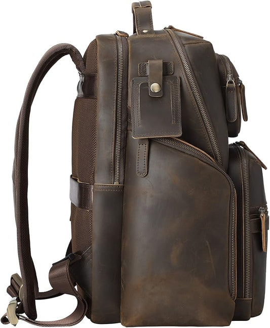 TIDING Men's Vintage Leather 15.6" Laptop Backpack Multi Pockets Travel Rucksack Business Overnight Daypack