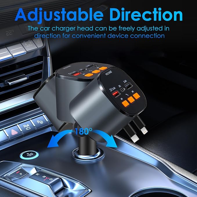 Retractable Car Charger,5 in 1 Fast Cars Phone Charger 90W,Bluetooth 5.3 FM Transmitter Adapter,Handsfree Call,2 Retractable Cables and USB Chargers for iPhone17/16 15/14/13