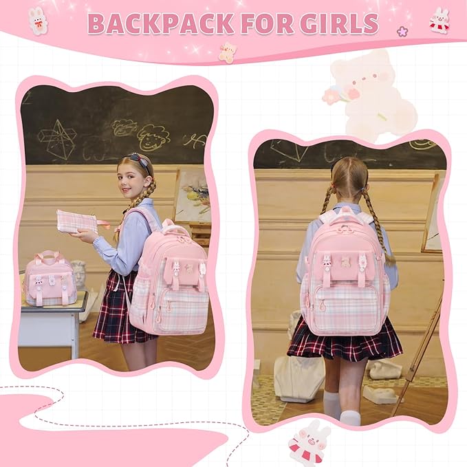 Backpack for Girls, Kids Girls Backpacks Set with Lunch Bag Pencil Case, Cute Bookbag Waterproof Backpack for Elementary Middle School, Pink