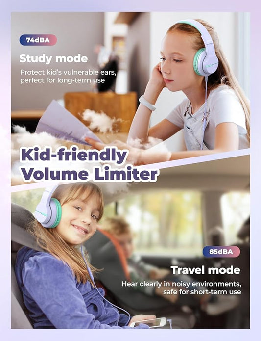 iClever HS19 Kids Headphones for School with Microphone, Safe Volume Limiter 74/85dBA, Over-Ear Girls Boys Headphones for Kids with FunShare Foldable Wired for iPad/Travel (Purple)