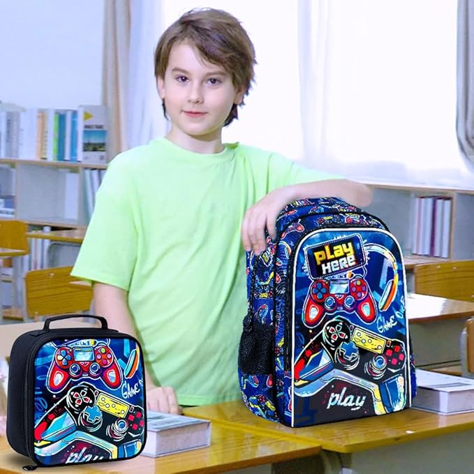 CCJPX 3PCS Gamer Backpack for Boys, 16 Inch Kids Water Resistant Preschool Bookbags, Cool Kindergarten School Backpacks and Lunch Box