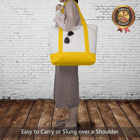 TOPDesign 6-Pack Canvas Tote Bags with an External Pocket, Reusable Grocery Shopping Bags, Top Zipper Closure, Daily Essentials (Yellow/Natural)