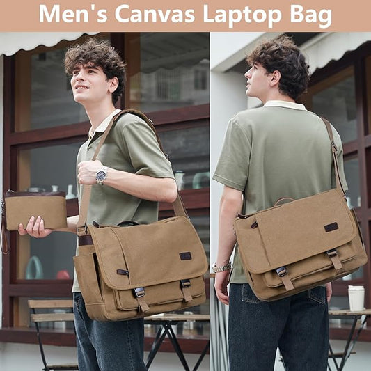 Nerlion Messenger Bag for Men 17-17.3 Inch Laptop Bag Canvas Water-resistant Computer Bag Shoulder Bag Work Briefcase Bookbag for College (Brown)
