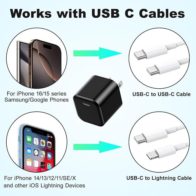 USB C Charger Cube, Agtray 2-Pack Mini Type C Fast Charging Blocks Phone Charger Box Wall Plug Travel Power Adapter for iPhone 16 15 14 13 12 11 Pro XR, iwatch 10 9, Samsung Galaxy S25 S24 A16 A15 A14