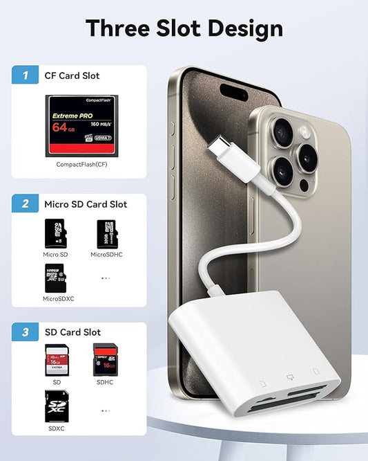 USB-C Memory Card Reader for Android Phone, Mac, Laptop, 3-in-1 SD/Micro SD/CF Card Adapter