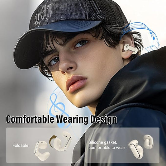 Wireless Earbuds, Clip On Ear Headphones, Bluetooth 5.4 HiFi Stereo Earbuds,42H, LED Display Ear Buds, Comfortable Lightweight, IP7 Waterproof Open Ear Earphones, Earbud for Workouts Running,Off White