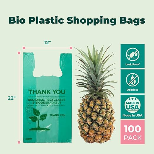 FMP Brands Eco Biodegradable Plastic Grocery Bags - 100 Count with Handles, Thank You T-Shirt Shopping Bags Bulk for Small Business, Restaurant, Groceries, Supermarket