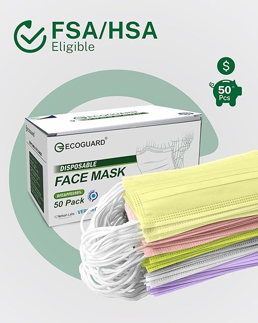 Disposable Face Masks Made in USA, 4 Ply for Families, Students, Breathable All-Day Wear & Safety, FSA HSA Eligible, ASTM Level 3 Medical Grade, 50 Pack, Lavender Mint