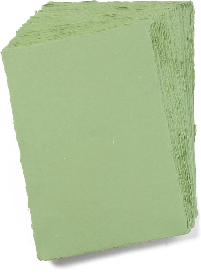 Wanderings A5 Handmade Deckled Edge Cotton Paper - Cold Pressed Texture - Paint, Watercolor, Writing, Printer - Cards, Invitations, Menus, Arts and Crafts. 50 Pack Green 150gsm - 5.8" x 8.3"