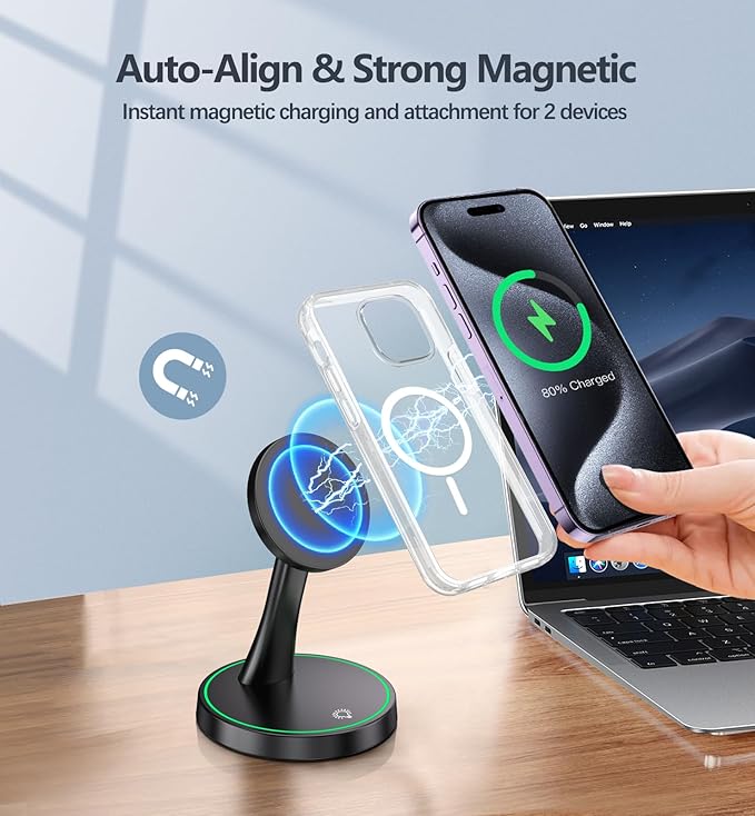 Magnetic Wireless Charger Stand 15W Fast Mag-Safe Charger for iPhone 17/17 pro/ 17 Air/ 17 pro max 16/15/14/13/12 Series Magnet Wireless Charging Station/Pad with Sleep-Friendly Light for AirPods