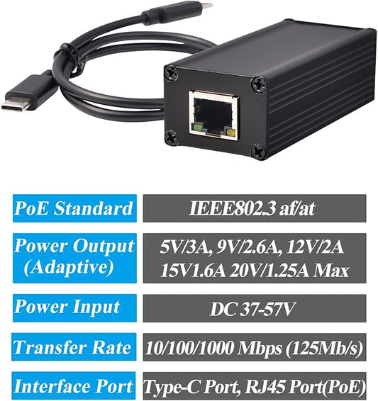 25W Gigabit PoE to USB-C Driver Converter for Phone/Tablet, PoE to Type-C Power Output with Ethernet 2 in 1, 5V/9V/12V/15V/20V Adaptive Output, Plug & Play (GPD2CAT-20V)