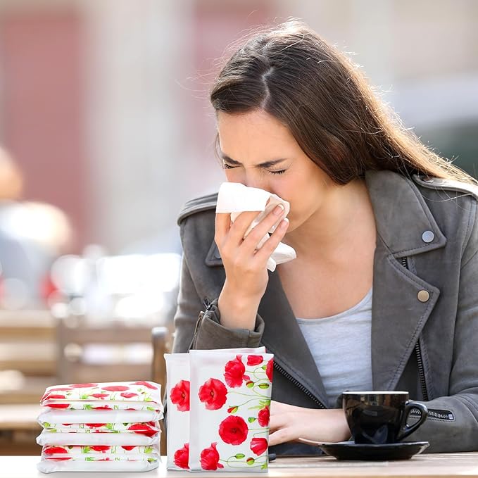 Geyee 50 Packs Facial Tissue Travel Packs Disposable Pocket Tissues for Wedding Guest Travel School Purse Home Supplies, 500 Sheets 3 Ply(Poppy)