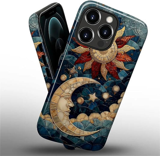 Case for iPhone 12 12 Pro Case,Sun Moon Stars Faux Stained Glass Design Hybrid Dual Protection Silicone + Hard PC Shockproof Full Body Cover,Slim Anti-Scratch Protective for Men Women