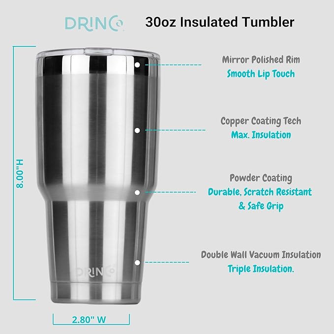 Drinco - 30 oz Stainless Steel Tumbler | Double Walled Vacuum Insulated Mug With Lid, 2 Straws, For Hot & Cold Drinks (30oz Stainless Steel, 30oz)