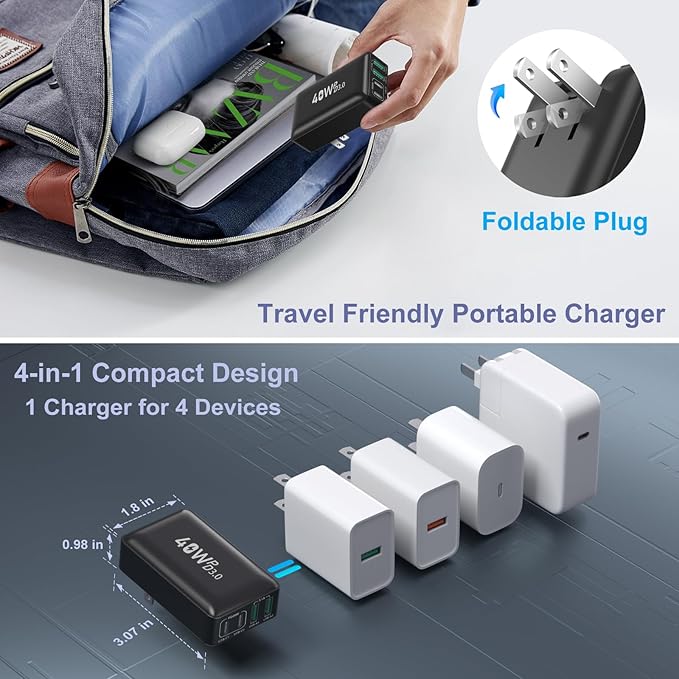 Flat USB C Charger Block, OKRAY 3-Pack 40W 4-Port QC&PD3.0 Fast Charging Brick with Foldable Wall Plug Slim Type C Android Charger Multiport Power Adapter for iPhone 16 15 14 13, Galaxy S25, Pixel 9 8