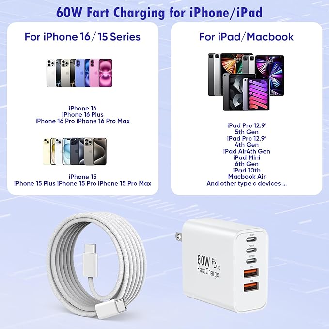 iPhone 16 Fast Charger Block, 2 Pack 60W USB Charging Block 5-Port Charge Adapter for Apple iPhone Charger with 6FT USB C Woven Fast Charging Cable for iPhone16/16e/16 Pro/15Pro Max, iPad Pro/Air/Mini