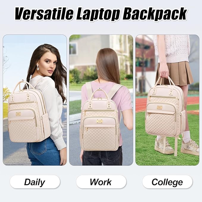 Laptop Backpack for Women,15.6 Inch Laptop Backpack for Work,Water Resistant Travel Backpack,College Bookbag with Wallet (Beige)