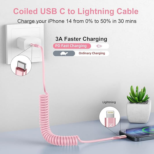KIYODA USB C to Lightning Cable 3FTfor Car, Coiled iPhone Charger Fast Charging Short USBC Lightning iPhone Cord for iPhone14/13/12/11 Pro Max/iPad/CarPlay- 2Pack Pink