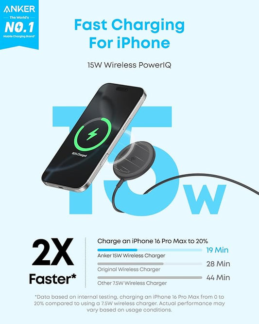 Anker Zolo Magnetic Wireless Charger, Qi2 Certified 15W MagSafe-Compatible Wireless Charging Pad, for iPhone 17/16/15/14/13/12 Series, AirPods, and More (Not for Pixel, Adapter Not Included)