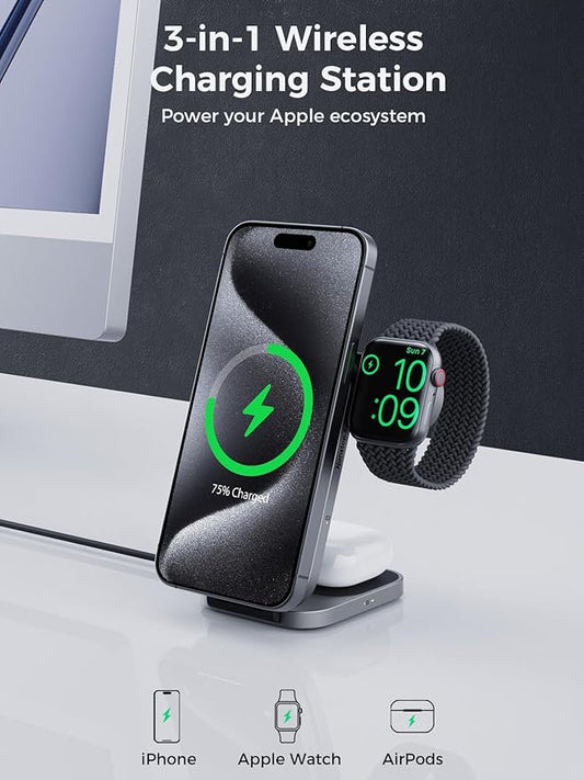 3 in 1 Charging Station, MagFusion Z Foldable Qi2 Certified 15W Wireless Charger Stand Compatible with MagSafe for iPhone 17/16/15/14/13/12, Apple Watch, AirPods (30W PD Charger Included)