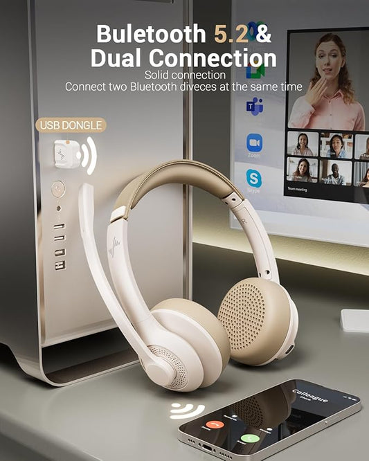 Wireless Headset with AI Noise Cancelling Microphone Bluetooth Headset - Bluetooth V5.2 Headphones with USB Dongle & Mic Mute for Computer/Laptop/PC/iPhone/Android/Cell Phones (White)