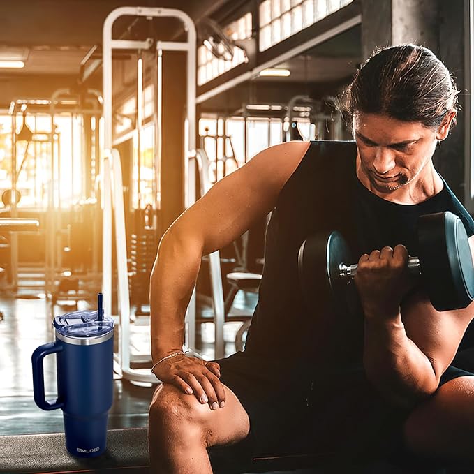 40 oz Tumbler with Handle and Straw Lid,Insulated Reusable Stainless Steel Water Bottle Travel Mug,Cupholder Friendly Double Wall Vacuum Sealed Cup (Navy)