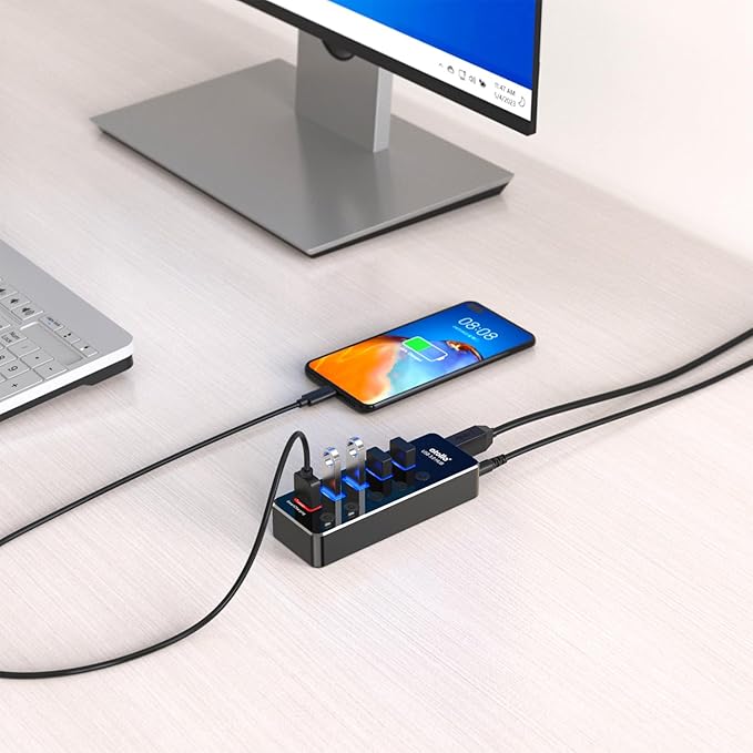 Powered USB Hub, atolla Aluminum 5-Port USB 3.0 Hub with 4 USB 3.0 Data Ports and 1 USB Smart Charging Port, USB Splitter with 5V/3A Power Adapter and Individual Switches