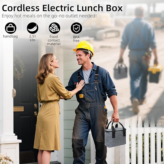 Cordless Electric Lunch Box for Adults, Heated Lunch Box 20000 mAh Battery Powered with Automatic Heating, 1.2L Portable Food Warmer, BPA Free