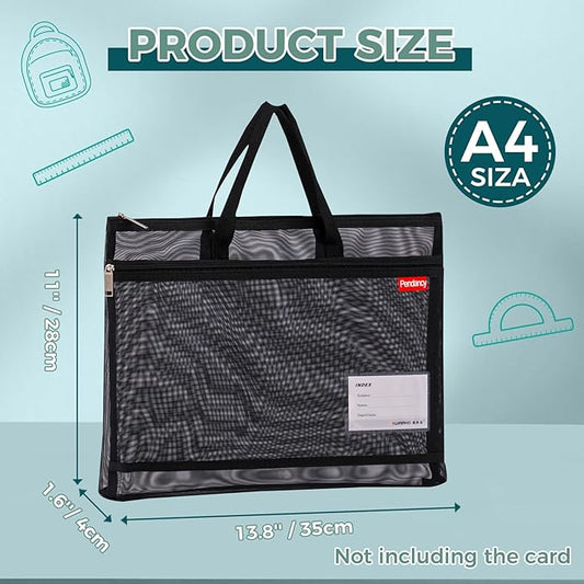 Pendancy Mesh Zipper Pouch A4 Size, Large Double Pocket Lightweight Nylon Transparent File Bag with Handle, 11x13.8 in Foldable Document Storage for Puzzle Project/Cross Stitch/Travel/Office (Black)