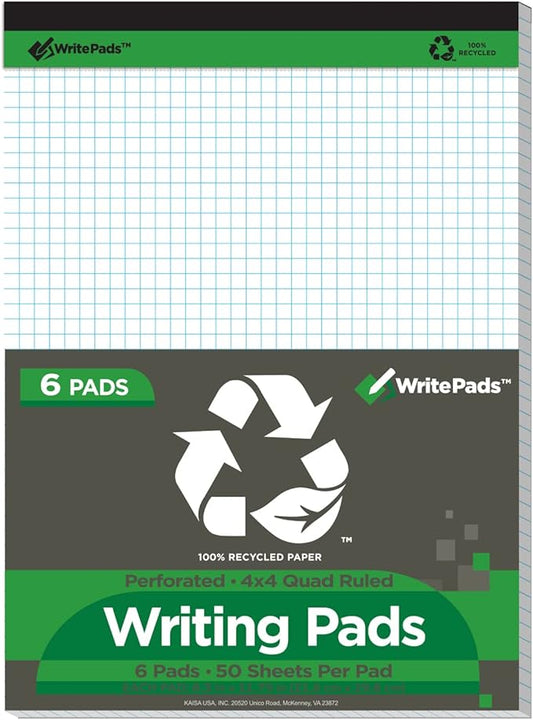 KAISA Graph Paper Legal Pads Writing Pads Recycled Paper 8.5"x11.75" Quad Ruled 4x4 Perforated 50sheets/pad Grid Paper Notepads Writing Tablet White For Office Supplies (White 6pad, 8.5x11.75'')