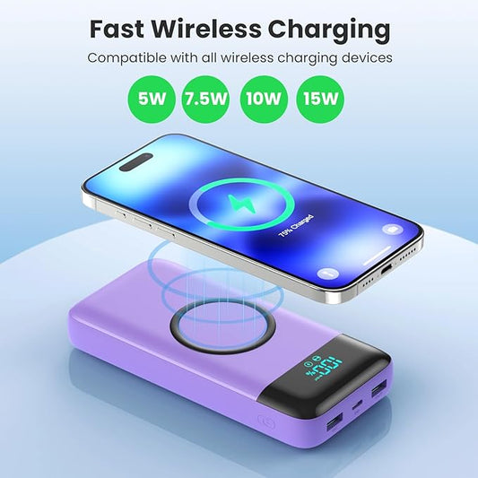 Wireless Portable Charger 40800mAh with 3 Built-in Cables,7-in-1 15W Wireless Charging Power Bank,25W PD QC 4.0 Fast Charging USB C LCD Display Battery Pack for iPhone 16/15/13,Samsung,Android-Purple