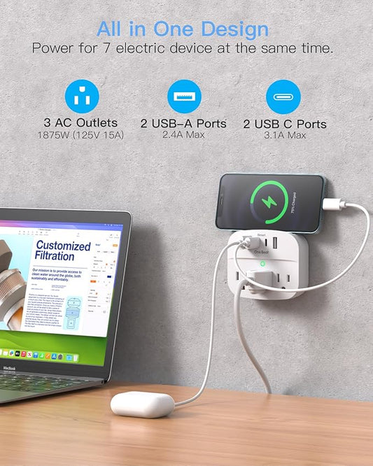 2 Pack Multi Plug Wall Outlet Splitter with USB, Non Surge Protector for Cruise Ship, Cruise Outlet with 3 Wall Outlets 4 USB Wall Charger(2 USB C), Small Travel Plug Adapter for Cruise,Travel,White