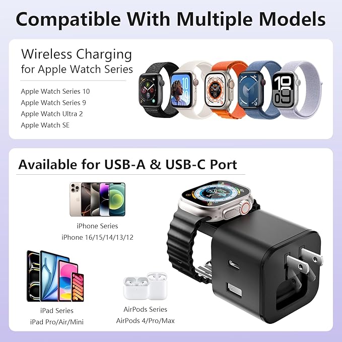 3 in 1 iWatch Charger, Multiport PD Fast Charger Block Brick Cube, USB C Wall Power Adapter for iPhone 12/13/14/15/16/Pro Max, XS/XR/X, Ipad Pro, Samsung Galaxy & More
