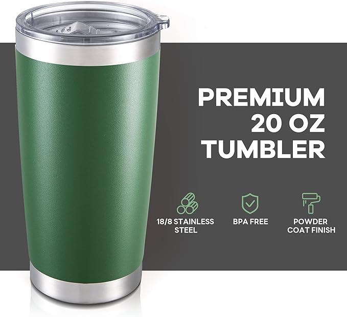 20 oz Tumbler with Lid Stainless Steel Double Wall Vacuum Insulated Tumblers Powder Coated Cups Travel Mug Keep Drinks Cold and Hot, Dark Green