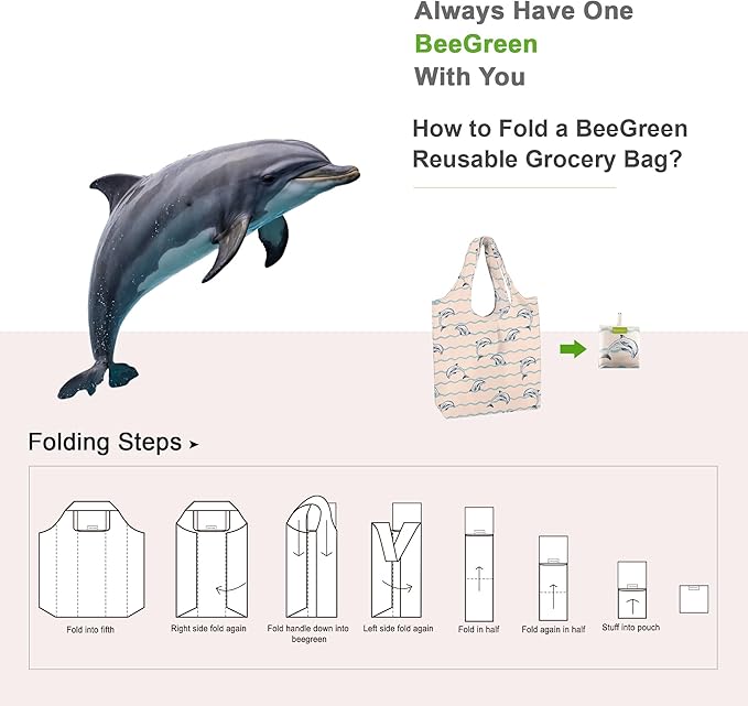 BeeGreen Dolphin Reusable Shopping Bags 6 Pack - Heavy Duty Washable and Foldable Polyester Shopping Bag for Women, Reusable Gift Grocery Totes Market Tote Bag with Handles for Travel Holiday