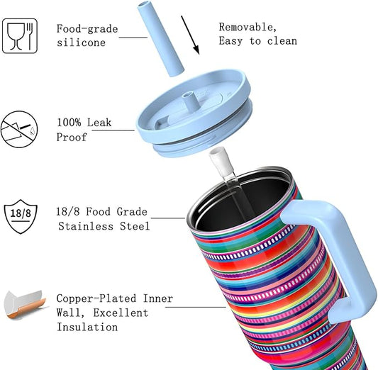 TILUCK 40 oz Tumbler with Handle, Vacuum Insulated Stainless Steel Travel Mug with 100% Leak-Proof Silicone Straw Lid, Cupholder Friendly Water Bottle(RainbowStripes, 40oz)